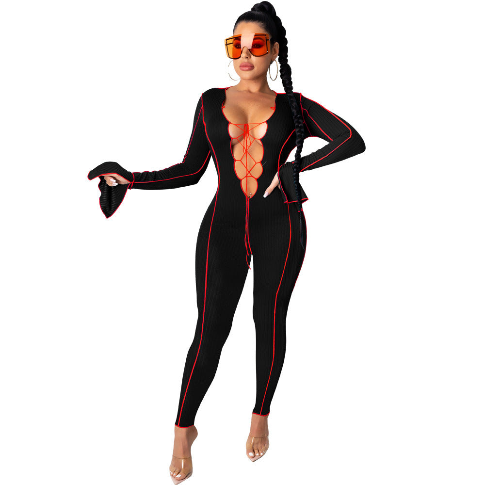 Fashionable Sexy Crop Top Jumpsuit with Bell Sleeves