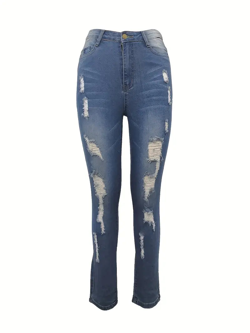 High Rise Ripped Curvy Skinny Jeans with Water Ripple