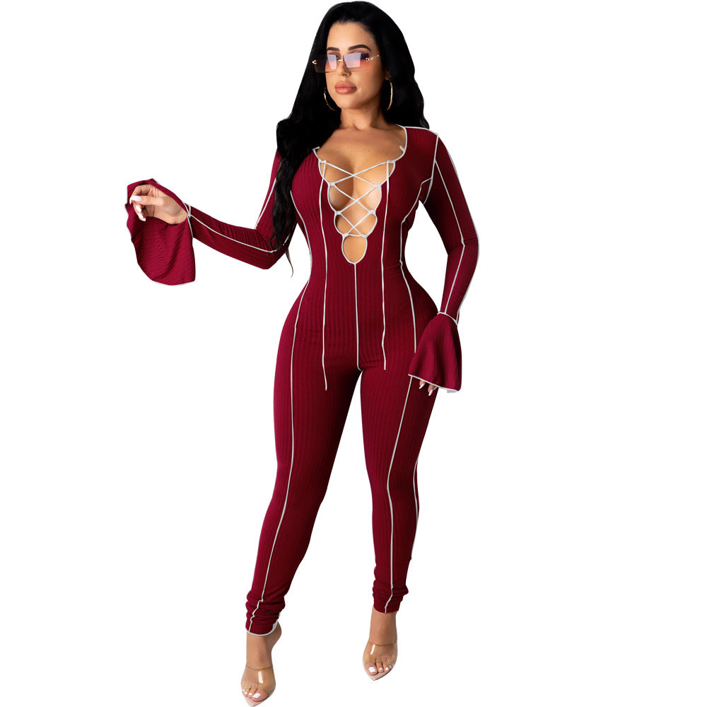Fashionable Sexy Crop Top Jumpsuit with Bell Sleeves