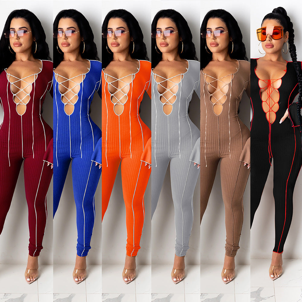 Fashionable Sexy Crop Top Jumpsuit with Bell Sleeves