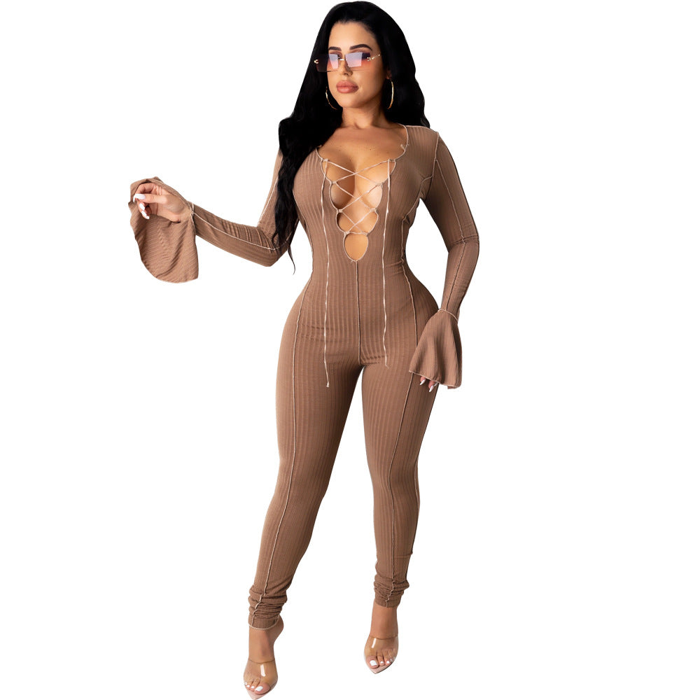 Fashionable Sexy Crop Top Jumpsuit with Bell Sleeves