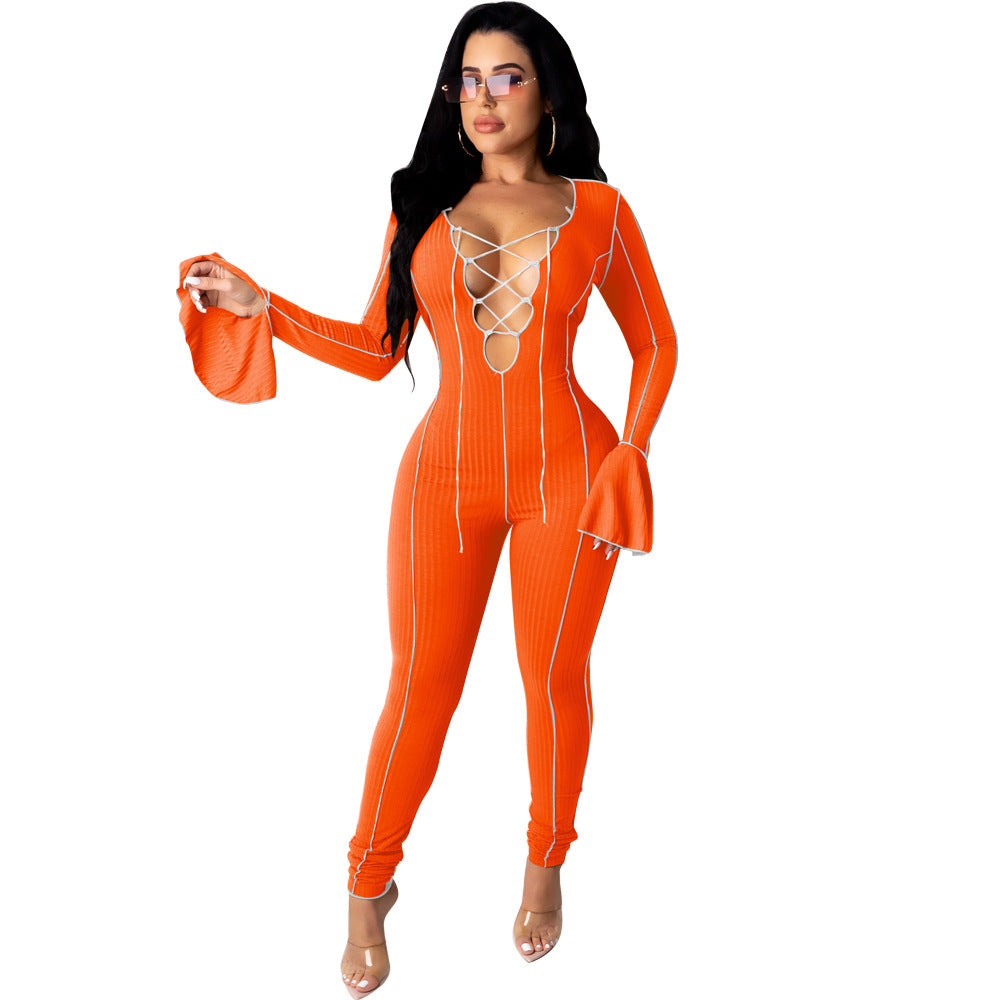 Fashionable Sexy Crop Top Jumpsuit with Bell Sleeves