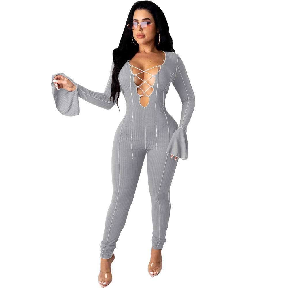 Fashionable Sexy Crop Top Jumpsuit with Bell Sleeves